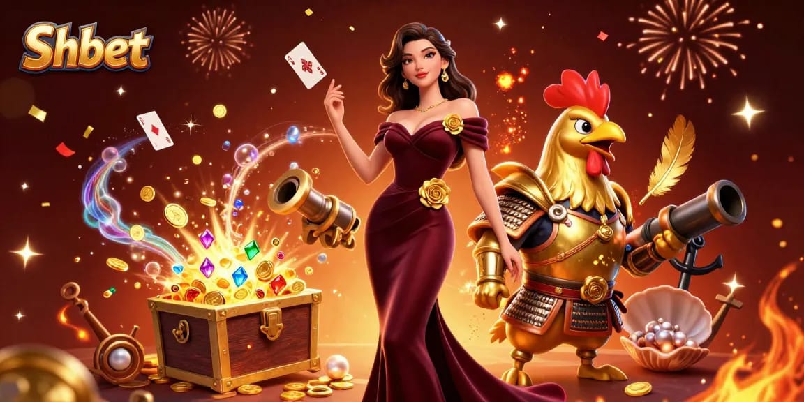 Win big with Shbet at this vibrant casino scene featuring a glamorous woman and a golden rooster warrior.