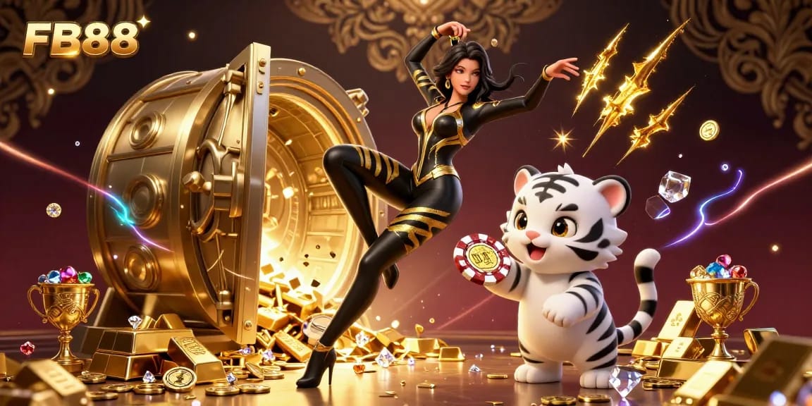 Engage with FB88's exciting gaming experience as a dynamic woman showcases her skills beside a playful tiger amidst dazzling treasures.