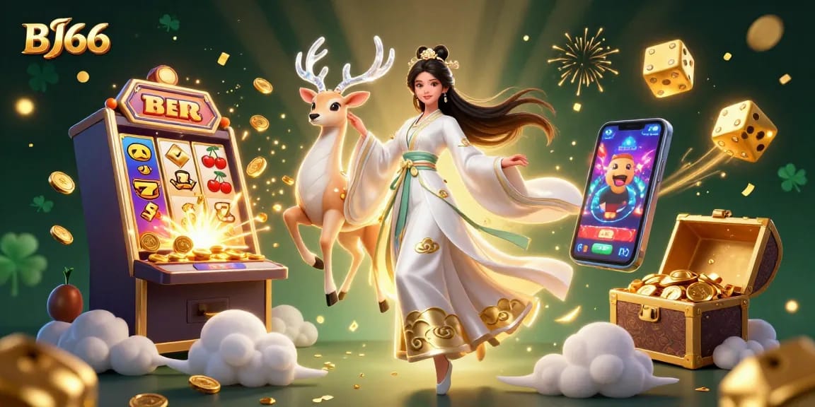 Experience thrilling gameplay at BJ66 with a stunning scene of a jackpot explosion and vibrant casino elements.