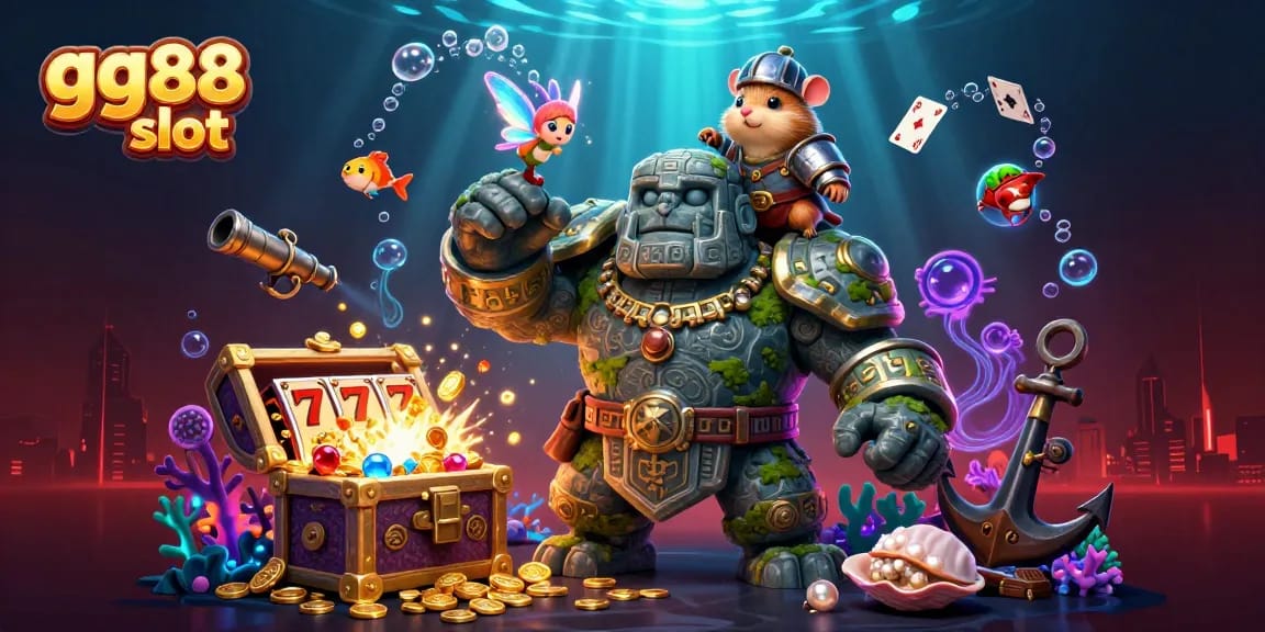 Spin to win with gg88 slot as magical characters unveil treasures in a vibrant 3D casino scene.