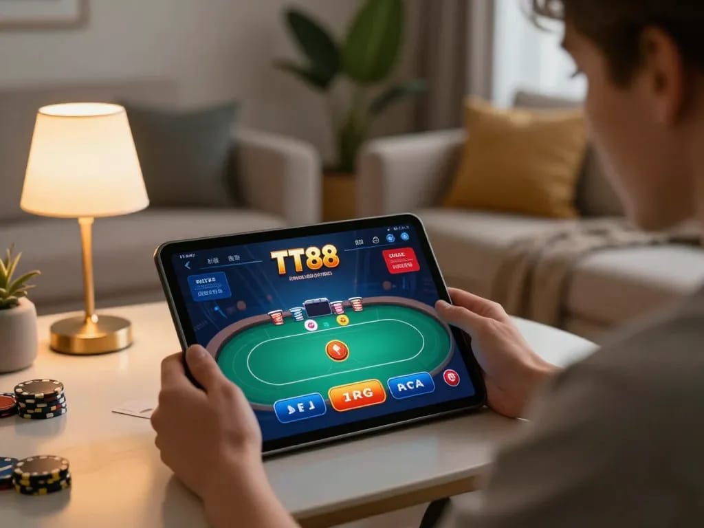 Player engaging with TT88 online poker game on tablet in cozy modern living room.