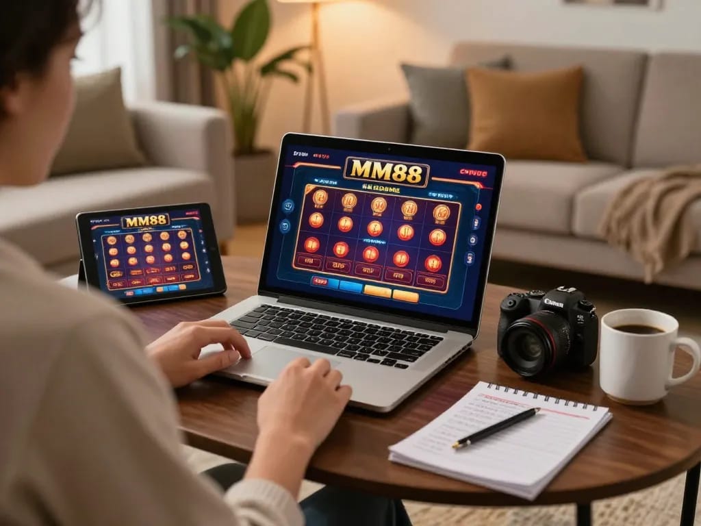 Engaging MM88 online gaming scene with a player using a laptop and tablet in a stylish home.