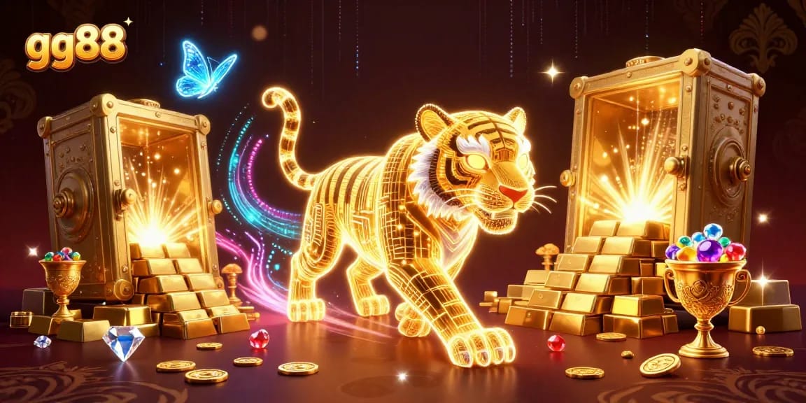 Experience the thrill of gg88 in an ultra-detailed 3D casino illustration with a golden tiger and treasures.