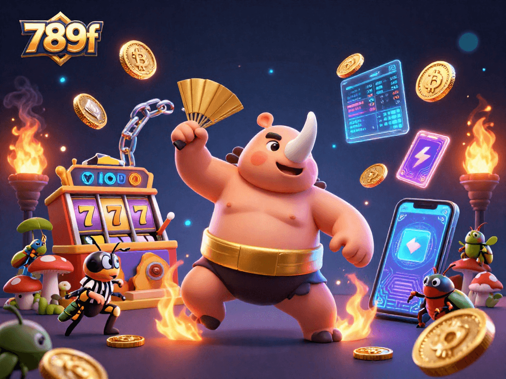 Engage with 789f as the rhinoceros beetle champion stomps and sends golden coins flying in a vibrant casino setting.