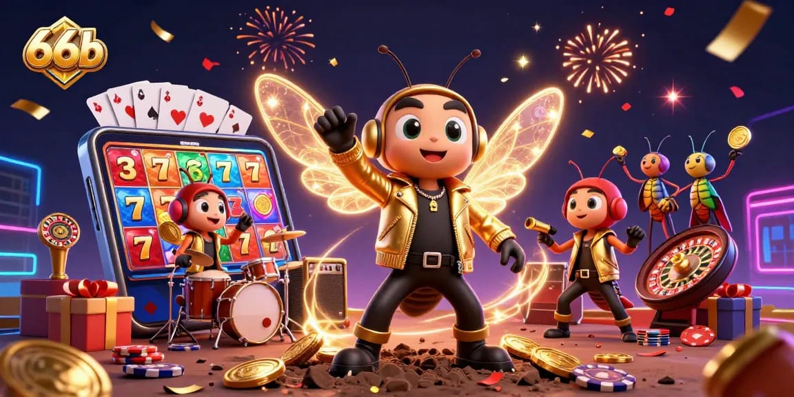Experience thrilling gameplay with 66b showcasing a rock star cicada in a vibrant casino scene filled with slot games.