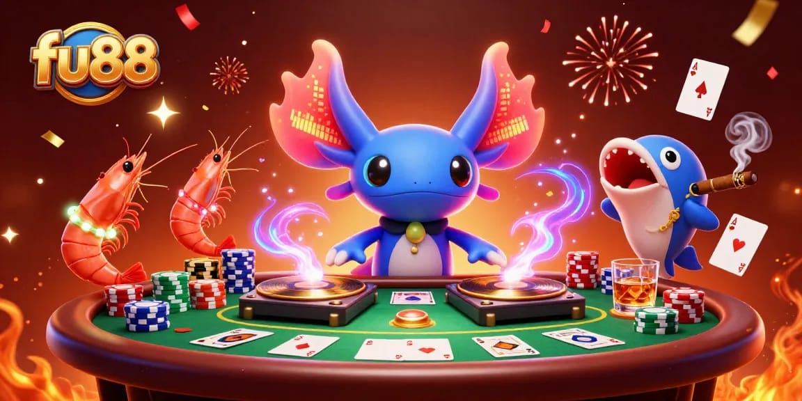 Engage with fu88's electrifying gaming atmosphere showcasing vibrant characters and poker elements.