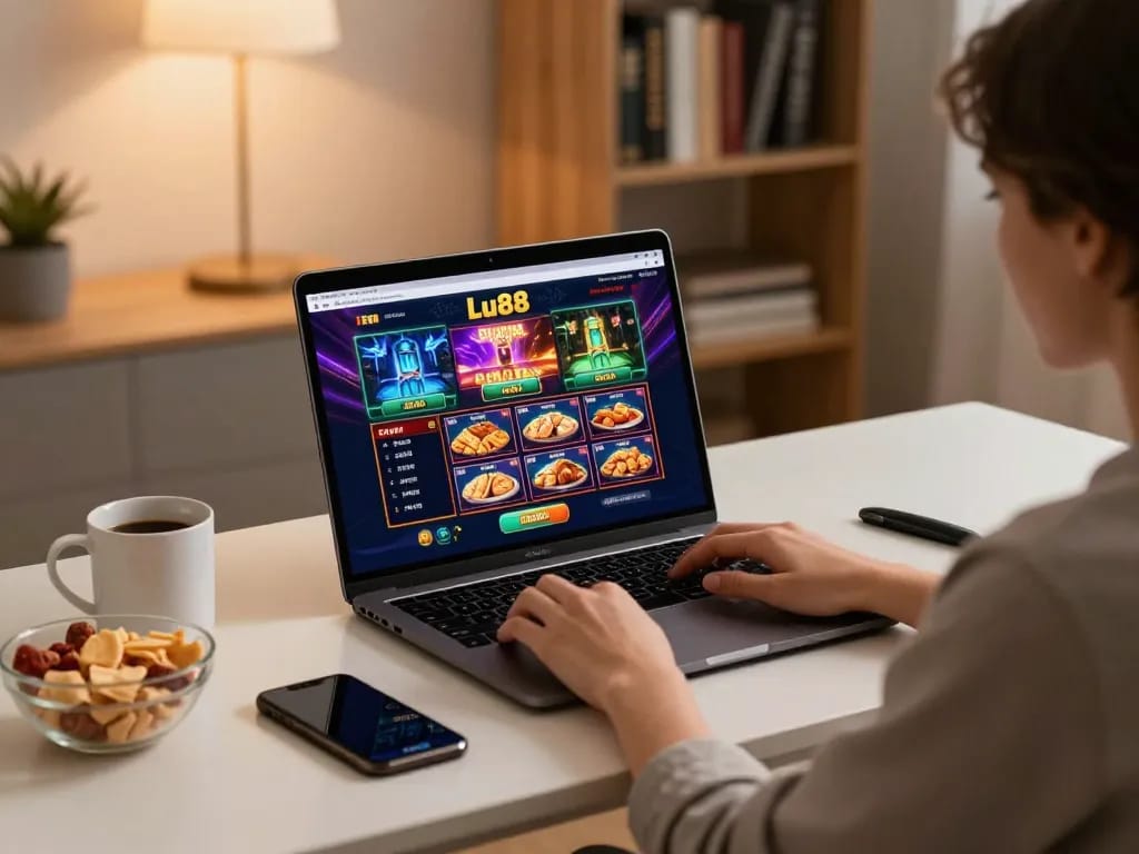 Engaging with the lu88 online casino on a sleek laptop at home, showcasing strategy and comfortable gaming.