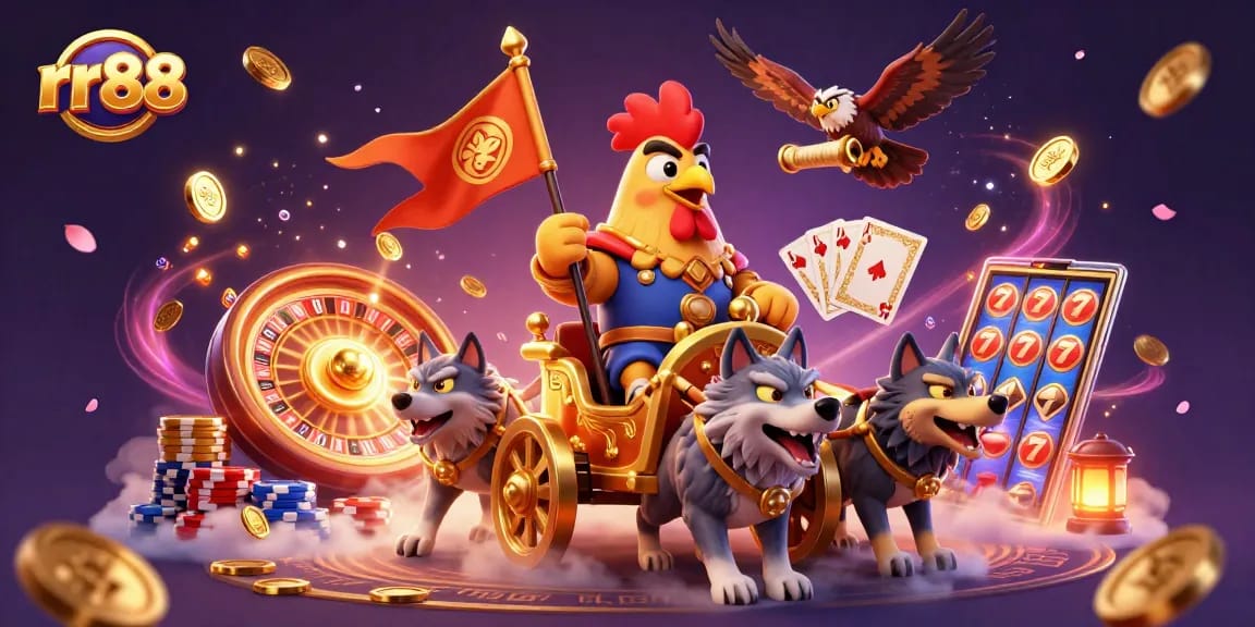 Win big with rr88 in a thrilling 3D casino scene featuring a rooster warlord and dynamic gambling elements.