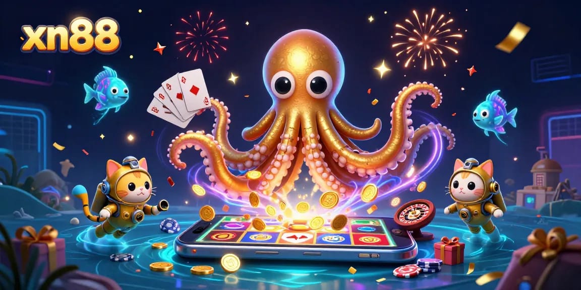 xn88 showcases an epic kraken highlight in a vibrant casino-themed scene with many engaging elements.