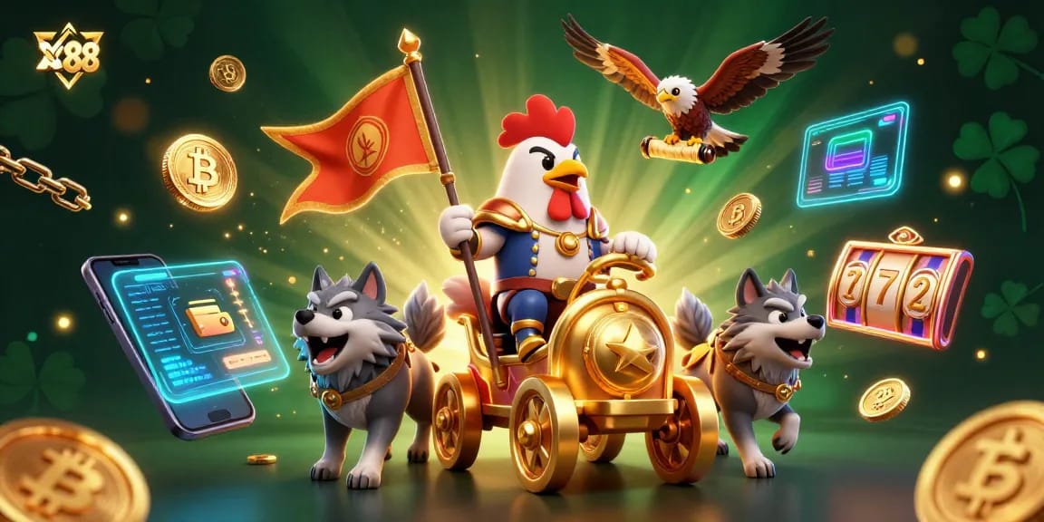 Win big with xx88 at this vibrant casino scene featuring a golden warlord and slot reels!