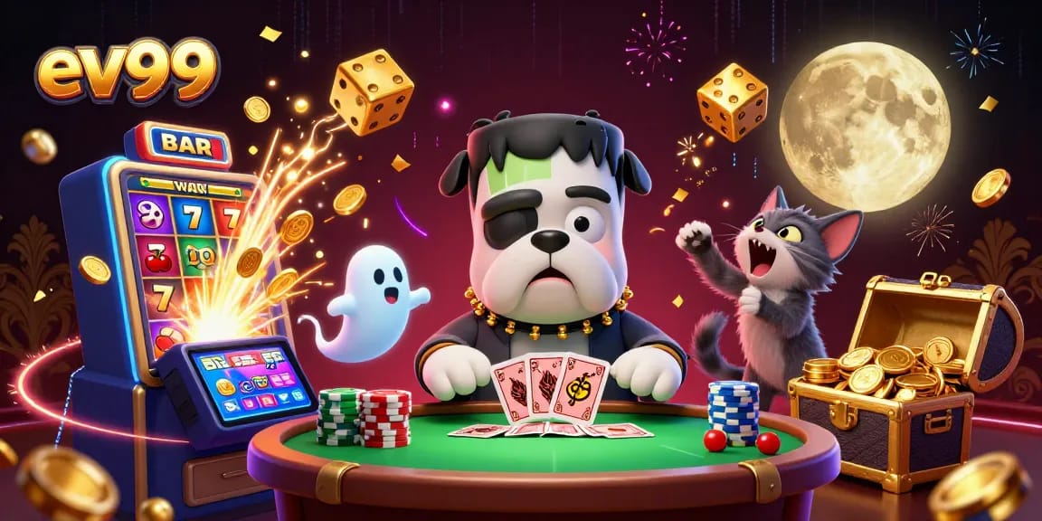 Experience thrilling casino action at ev99 with card-dealing monsters and vibrant slot machines.