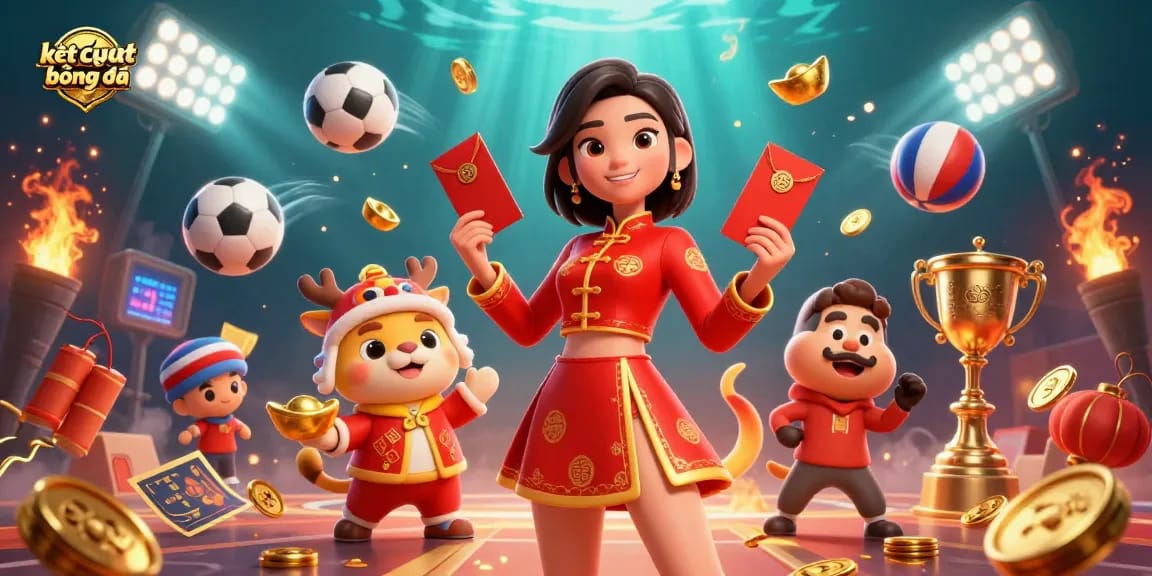 Experience kết quả bóng đá through a vibrant scene with sports elements, showcasing dynamic live score updates and festive themes.
