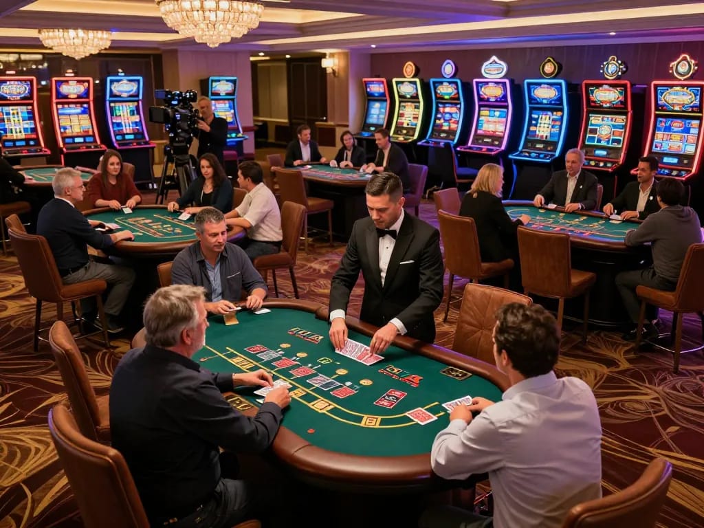 Players enjoying blackjack at xx88's luxurious casino floor with dynamic gameplay.