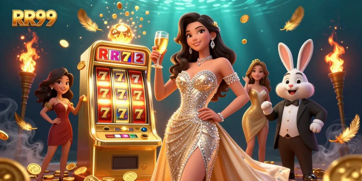 Experience the excitement of RR99 as a glamorous woman toasts beside a jackpot slot machine.