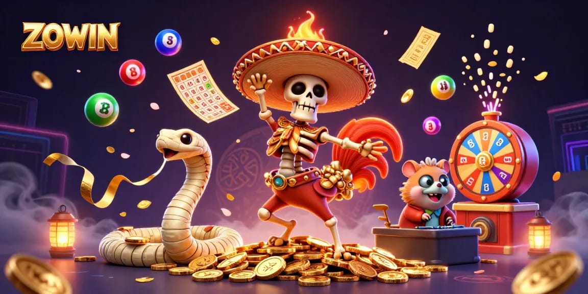 ZOWIN celebrates victory with a lively 3D casino scene featuring a mariachi rooster and vibrant lottery elements.