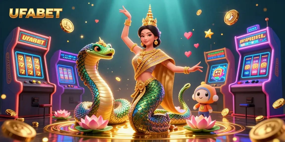 Experience thrilling gameplay at UFABET with vibrant slots and traditional Thai culture in a stunning 3D scene.