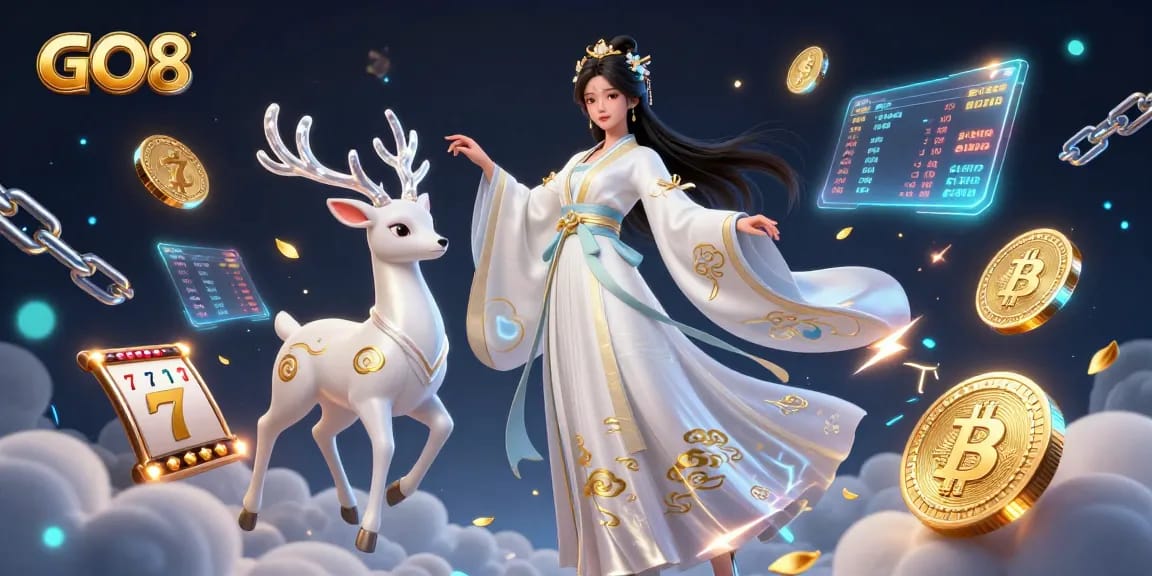 Play exciting slots at GO8, featuring a beautiful Asian woman and magical elements in a vibrant 3D casino scene.