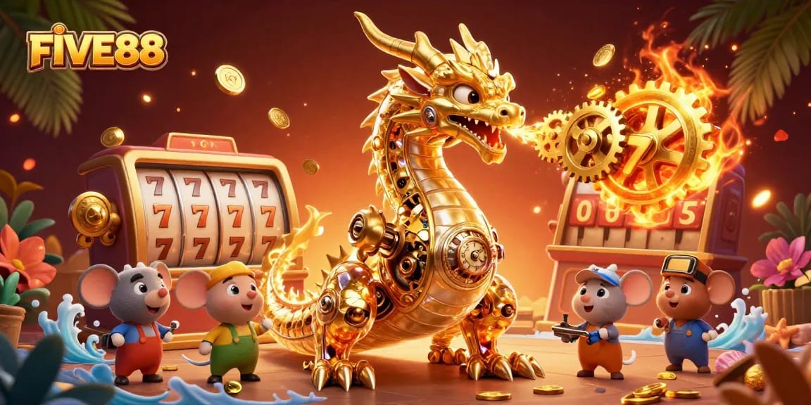 Engage with FIVE88's thrilling casino scene featuring a golden dragon, slot reels, and jackpot excitement.