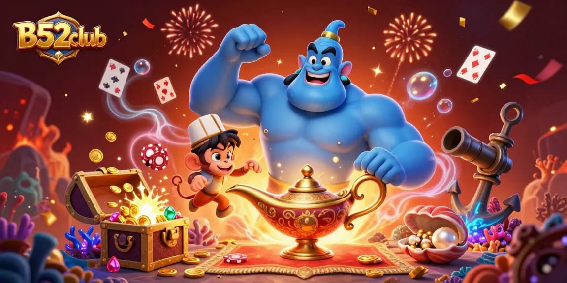 B52club's vibrant casino scene with a blue genie, poker chips, and confetti bursting in celebration.