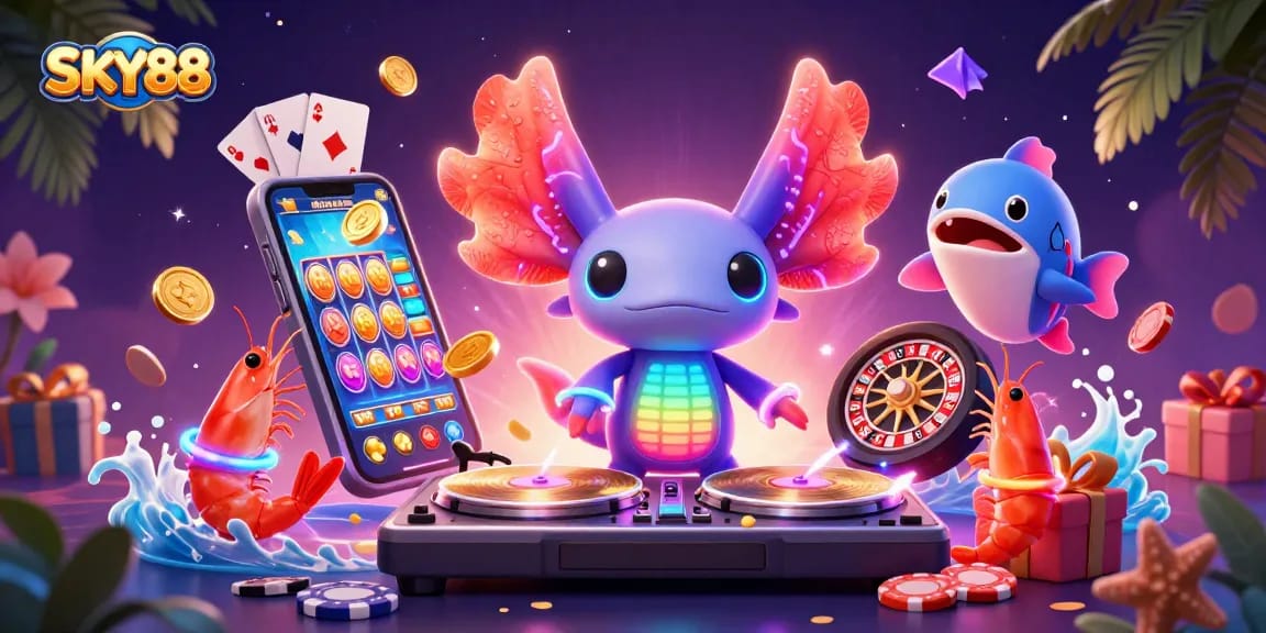 Spin to win with SKY88 at this vibrant casino-themed digital scene filled with slot games and joyful characters.