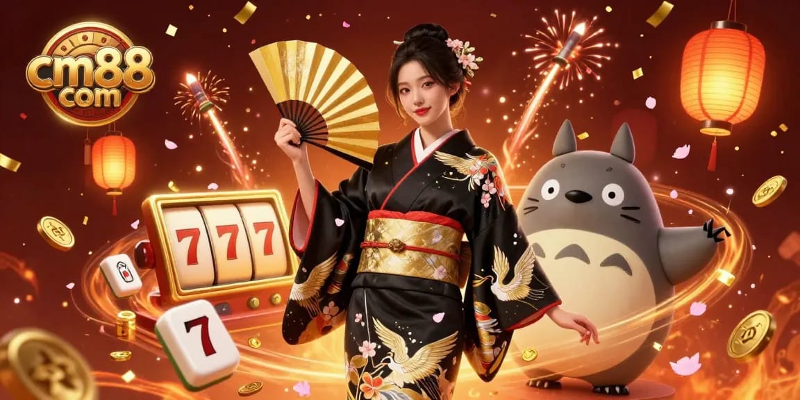 Experience the excitement of cm88 com with a vibrant 3D casino scene featuring a traditional Asian woman and a wise tanuki.