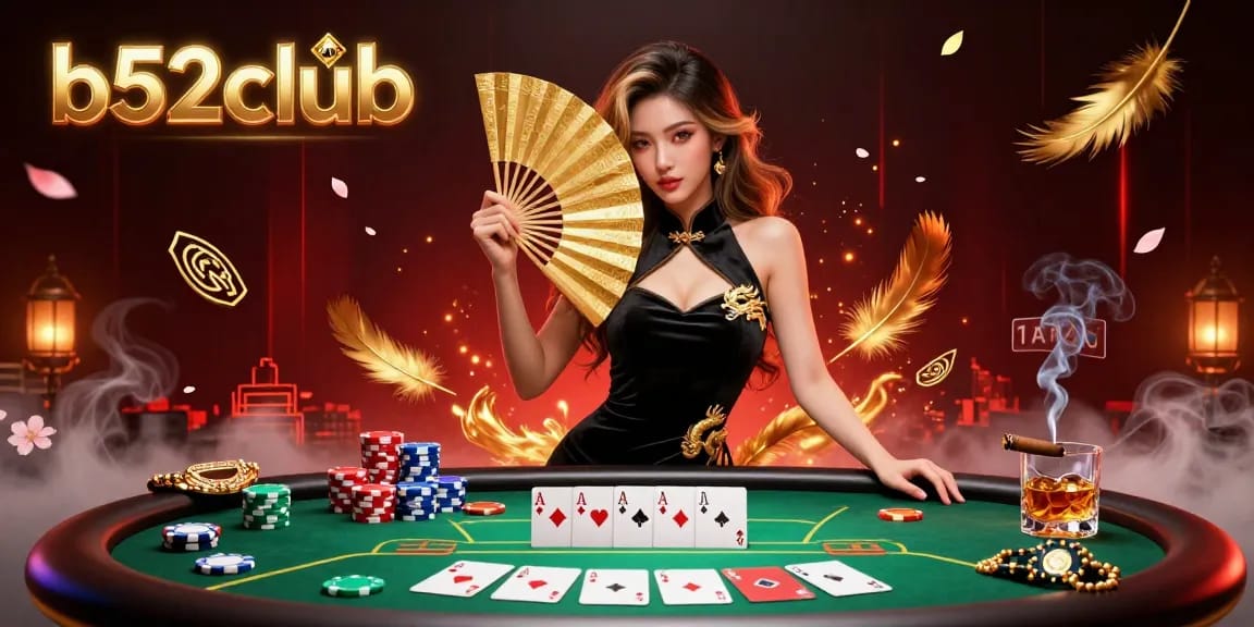Experience thrilling poker action at b52club, featuring a captivating Asian woman surrounded by dynamic gambling elements.