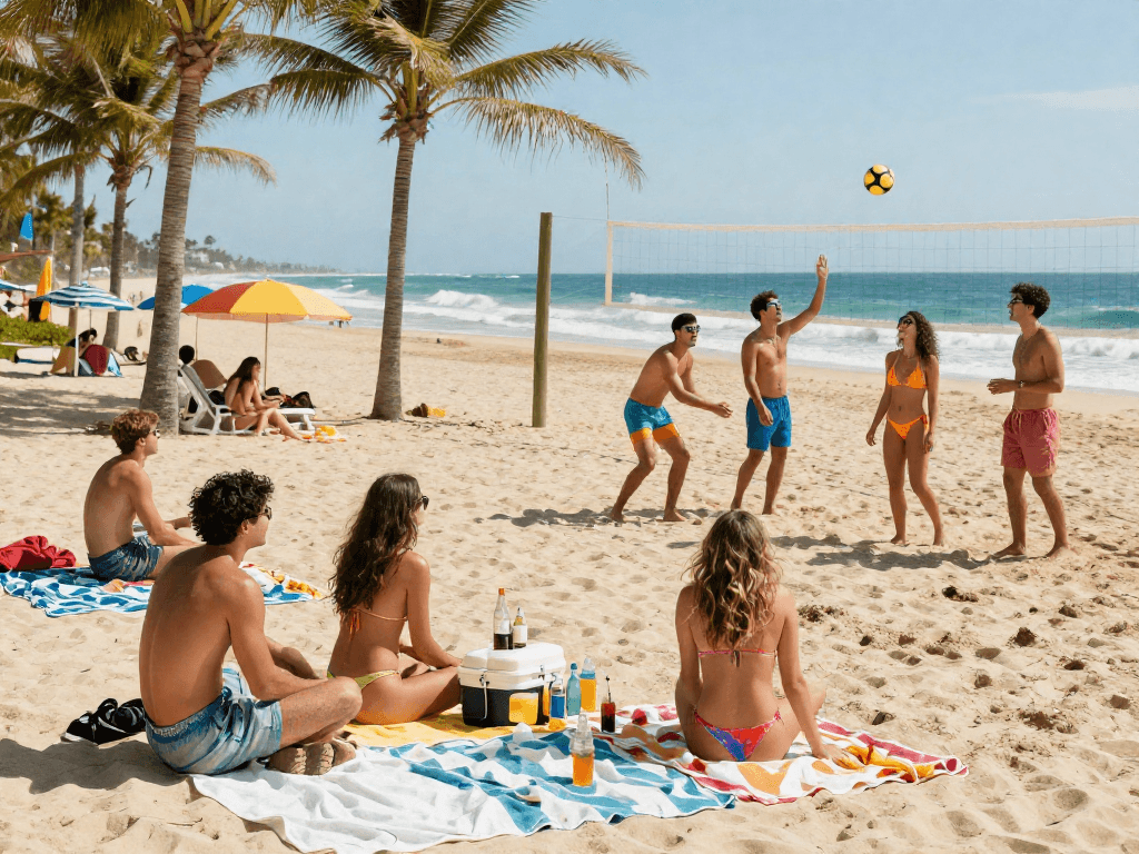 Group enjoying a sunny beach day with BIKINISLOT swimwear, vibrant colors, and ocean waves.