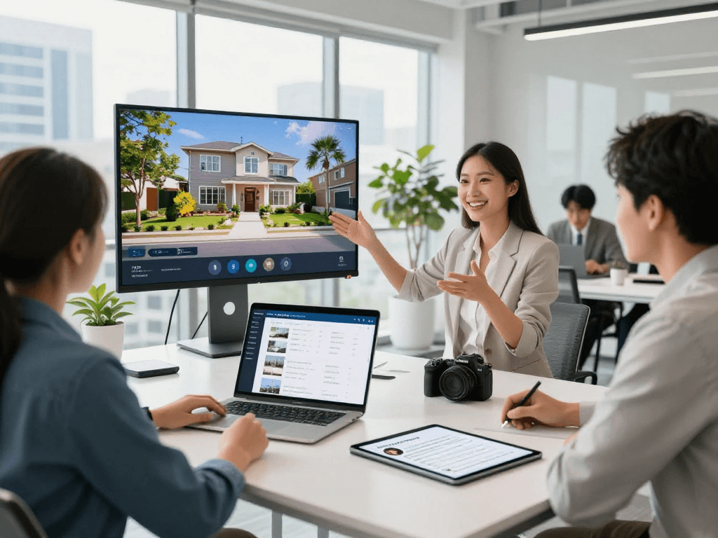 Real estate agent showcasing IDXSTAR platform in a modern office environment.