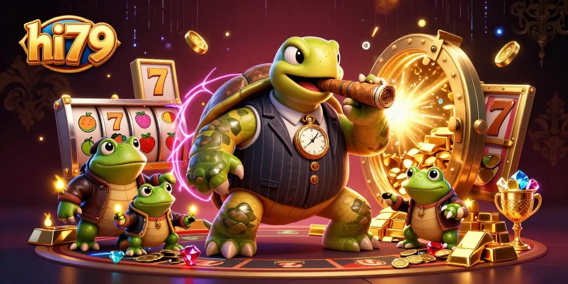 Experience excitement with hi79 in this gambling-themed cartoon illustration featuring casino symbols.