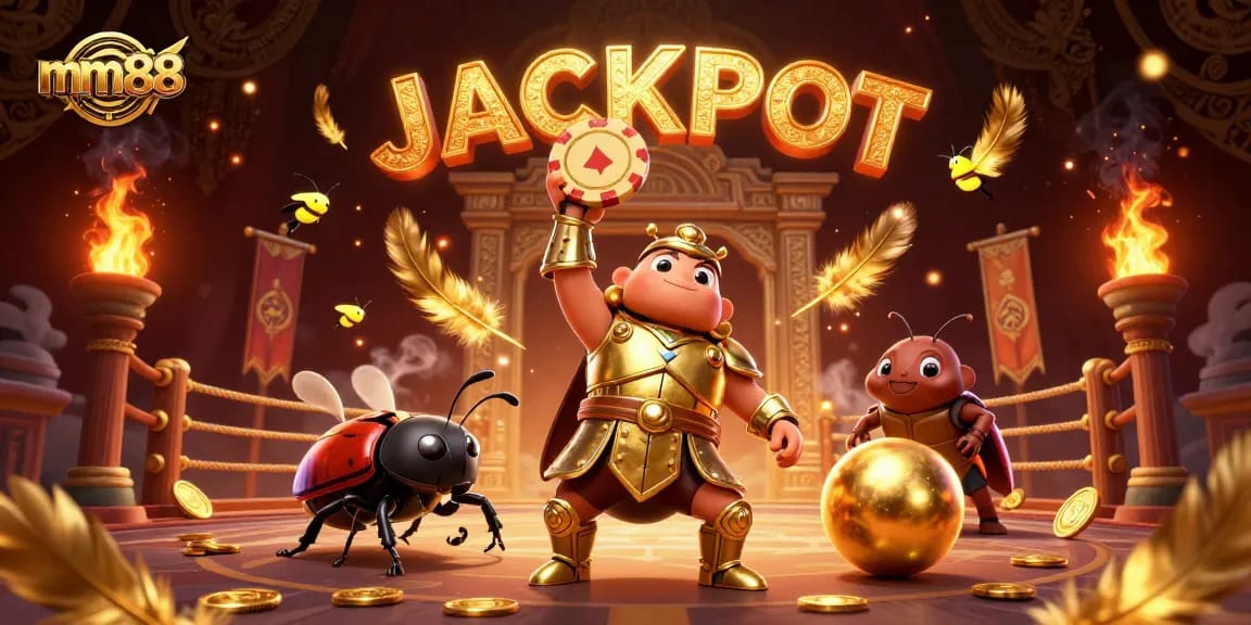 Engage in mm88 with a winning beetle in armor, poker chip raised high amidst casino-themed elements.