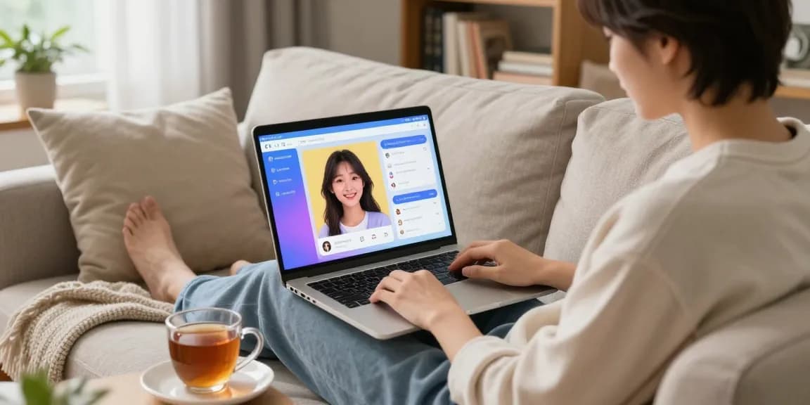 Young person interacting with an ai girlfriend on a laptop in a cozy living room.