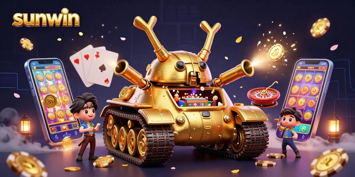 Experience casino excitement with the sunwin golden beetle tank showcasing miniature games and confetti!