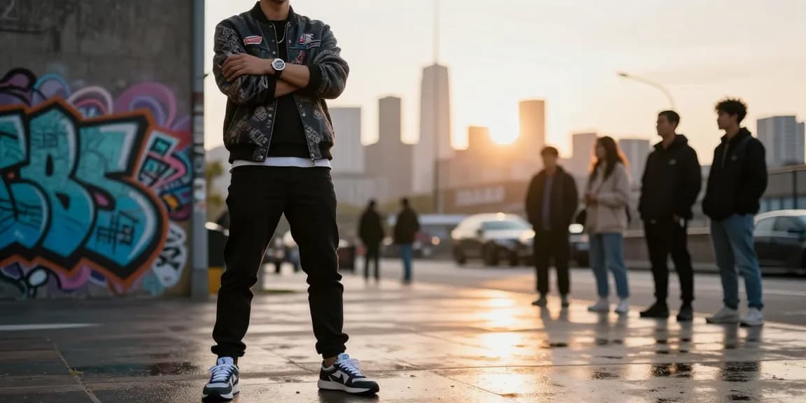 Fashion enthusiast displaying a luxury replica watch in urban sunset