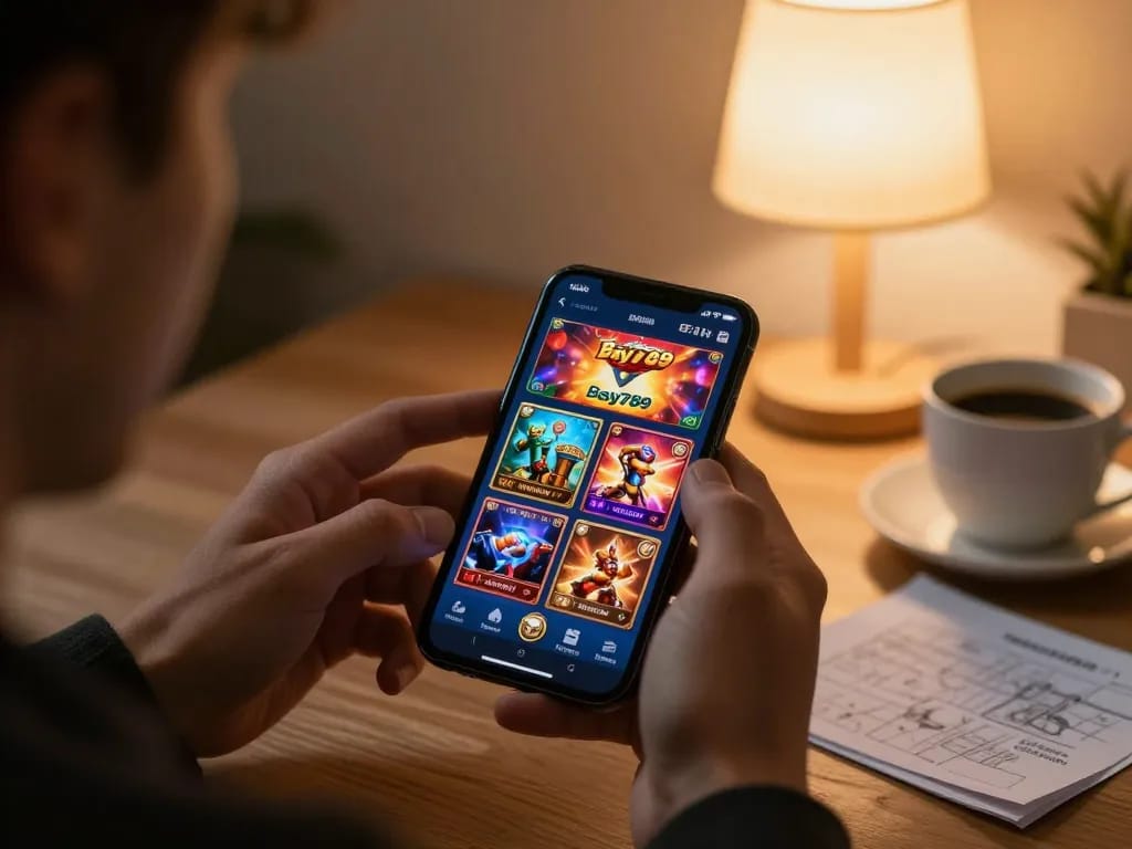 Bay789 user engaging in mobile casino gaming with vibrant app interface and comfortable home setup