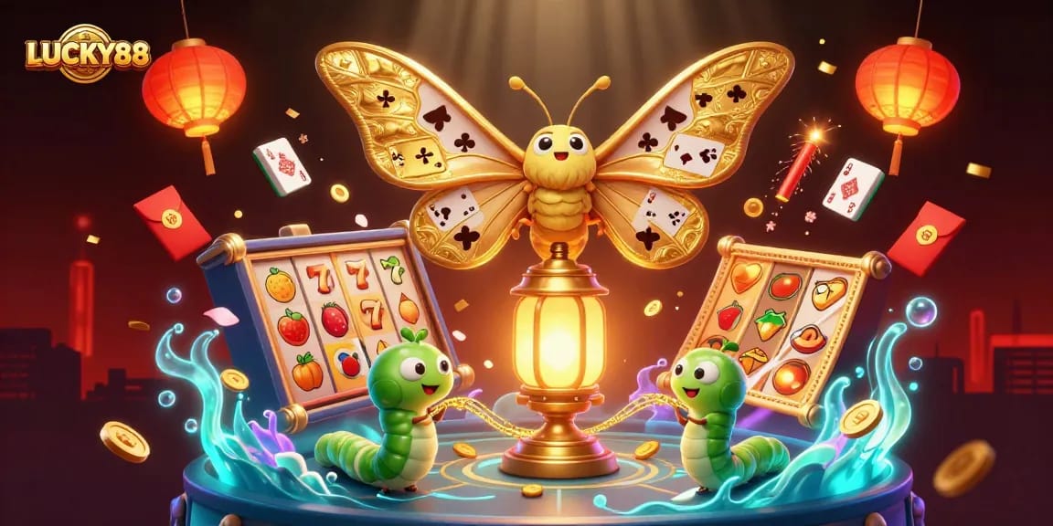 Spin and win at LUCKY88 with enchanting 3D casino scenes, vibrant slot reels, and festive elements.