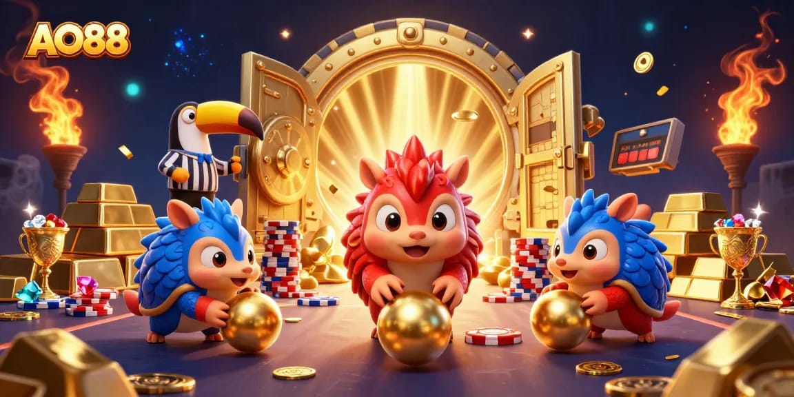 Engage in exciting gameplay with AO88's vibrant scene featuring competitive pangolins and rich casino elements.