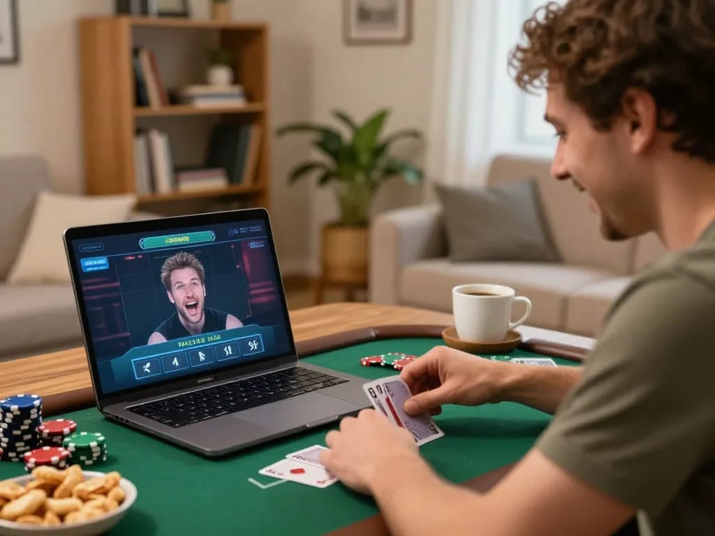 Win678 player enjoying an online poker game at home, showcasing excitement and strategic play in cozy surroundings.