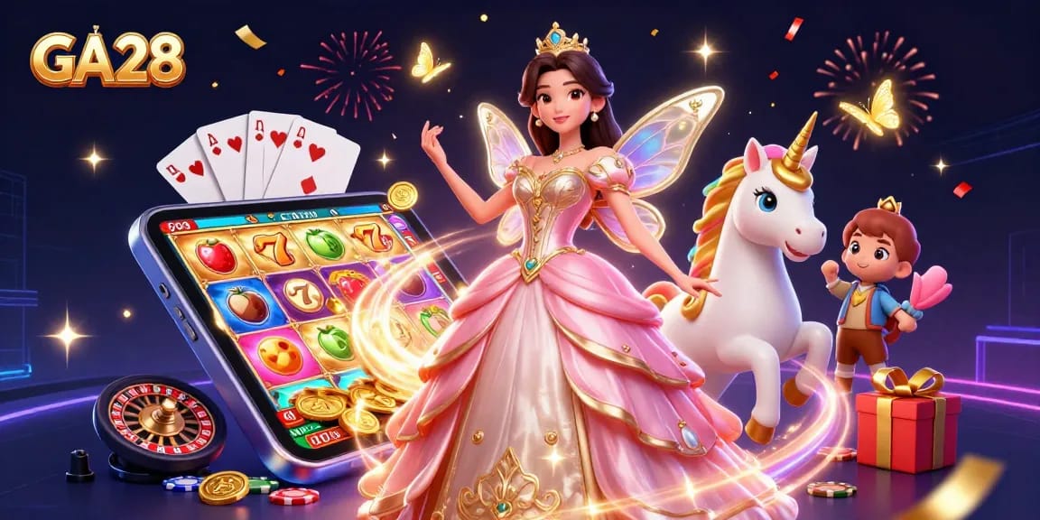 Spin the reels with GA28 in an exciting casino adventure featuring vibrant characters and golden coins.