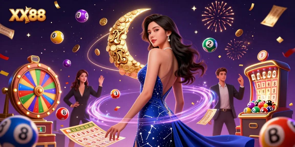 Experience the excitement of XX88 with vibrant casino elements and a dazzling lady embodying luck.
