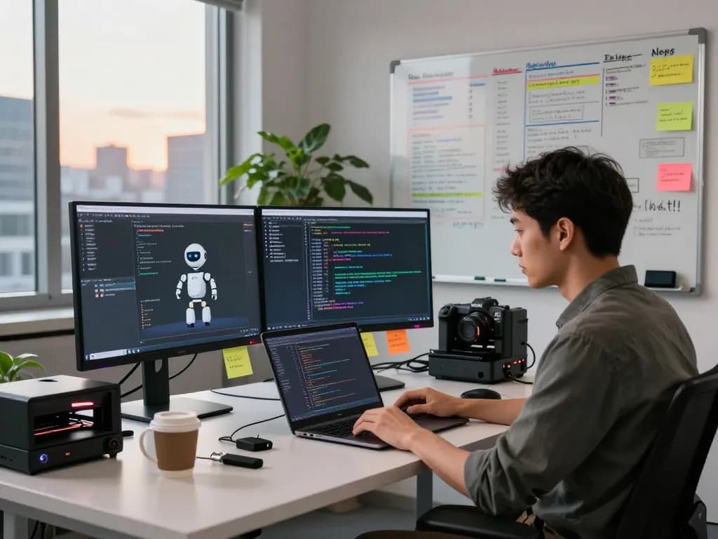Software developer utilizing clawbot AI assistant in a modern workspace, surrounded by coding tools and vibrant project management notes.