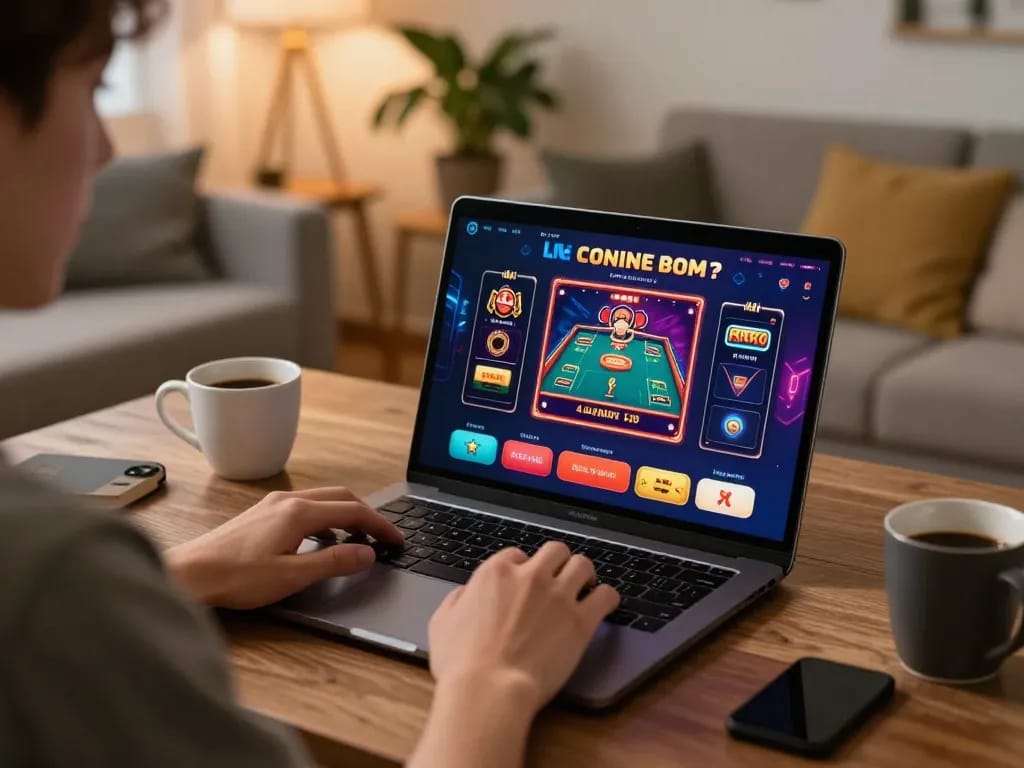 Engaged player using LV88 for live casino gaming on laptop in cozy home setting.