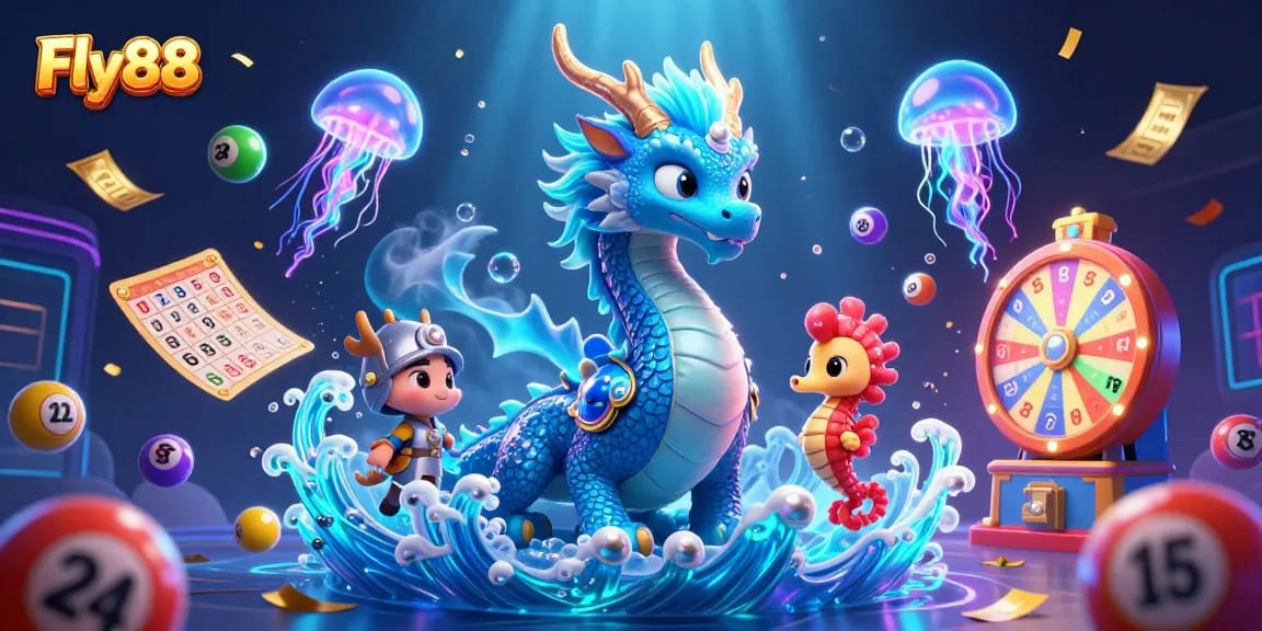 Engage with Fly88's underwater casino adventure filled with colorful lottery elements and lively characters.