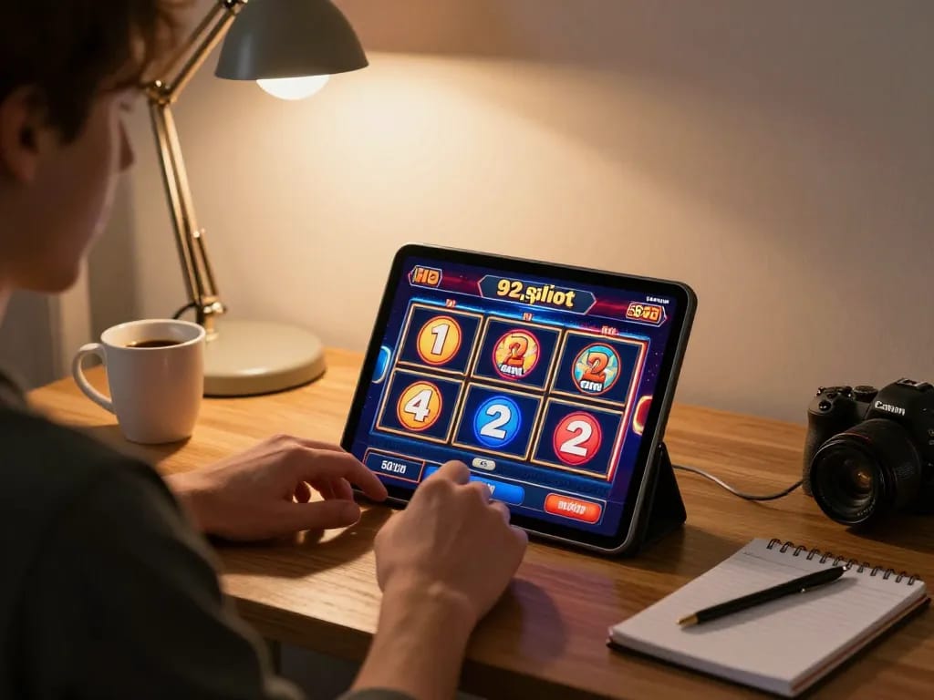 Player enjoying an online slot game on 92slot with a warm cozy setting.