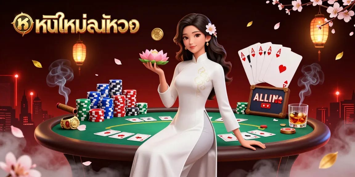 Experience หนังใหม่ชนโรง with a vibrant casino scene of elegant Asian woman in a Vietnamese ao dai amid poker elements.