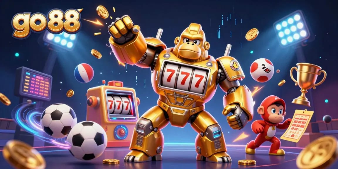 Engage with go 88 in this vibrant 3D illustration featuring an action-packed golden gorilla mech and sports elements.