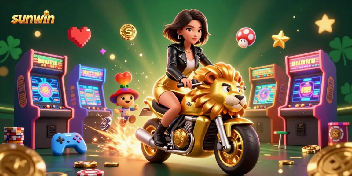 Engage with the sunwin gaming experience featuring a glamorous Asian woman riding a golden lion mascot amidst vibrant casino elements.