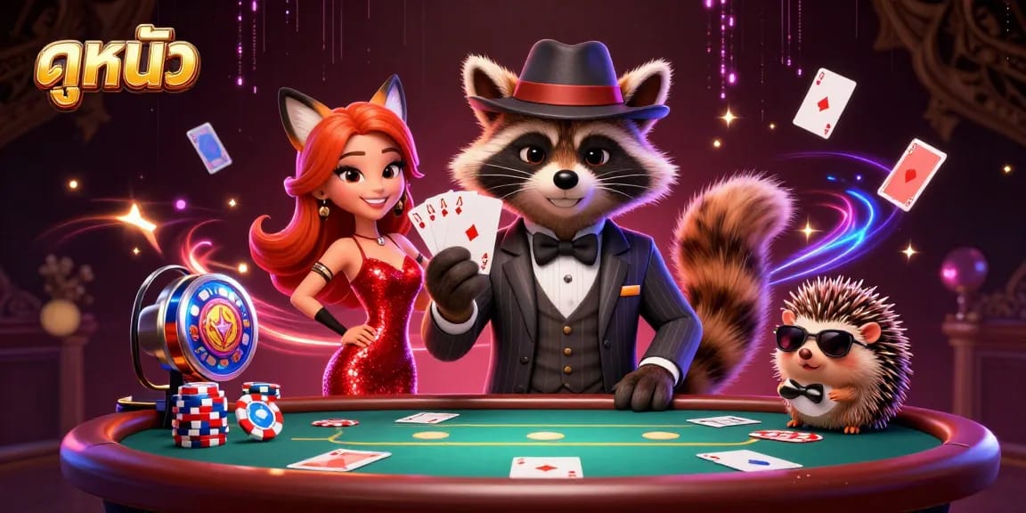 Engage with ดูหนัง through an exciting poker scene featuring dynamic characters and vibrant gaming elements.