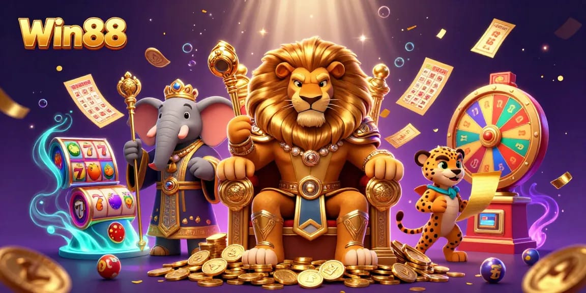 Experience the excitement of Win88 with slot reels and dynamic gaming elements in a rich casino illustration.