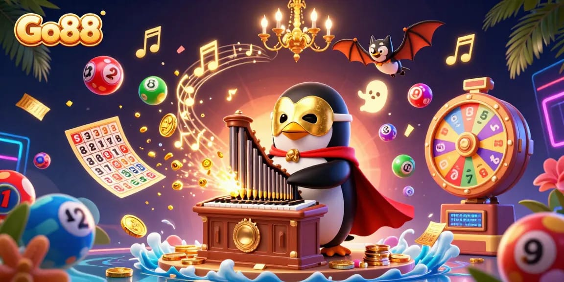 Go88 players winning with vibrant lottery balls and golden prizes in a dynamic casino scene