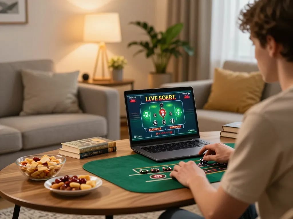 Engaging in casino live online gameplay with a laptop in a cozy living room setting.